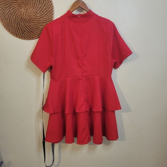 Pretty Little Thing Dress Peplum Mock Neck Zip Back Short Sleeve Size US 12 - Picture 2 of 16